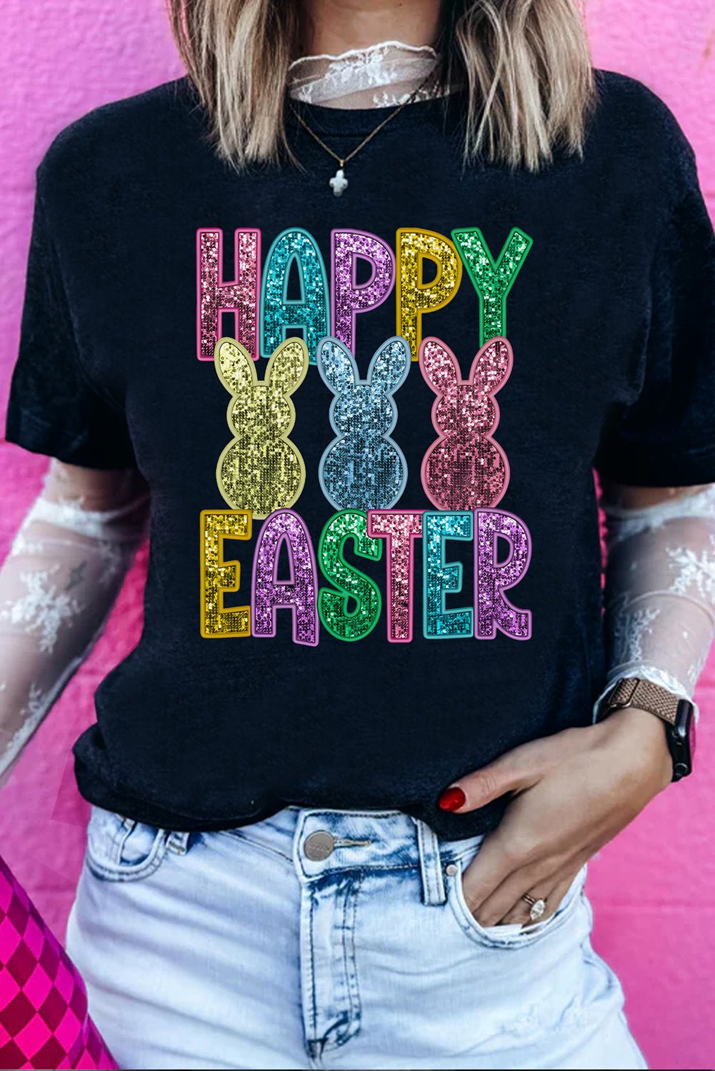 Black Glittering Bunny HAPPY EASTER Graphic T Shirt - Loving It Shop