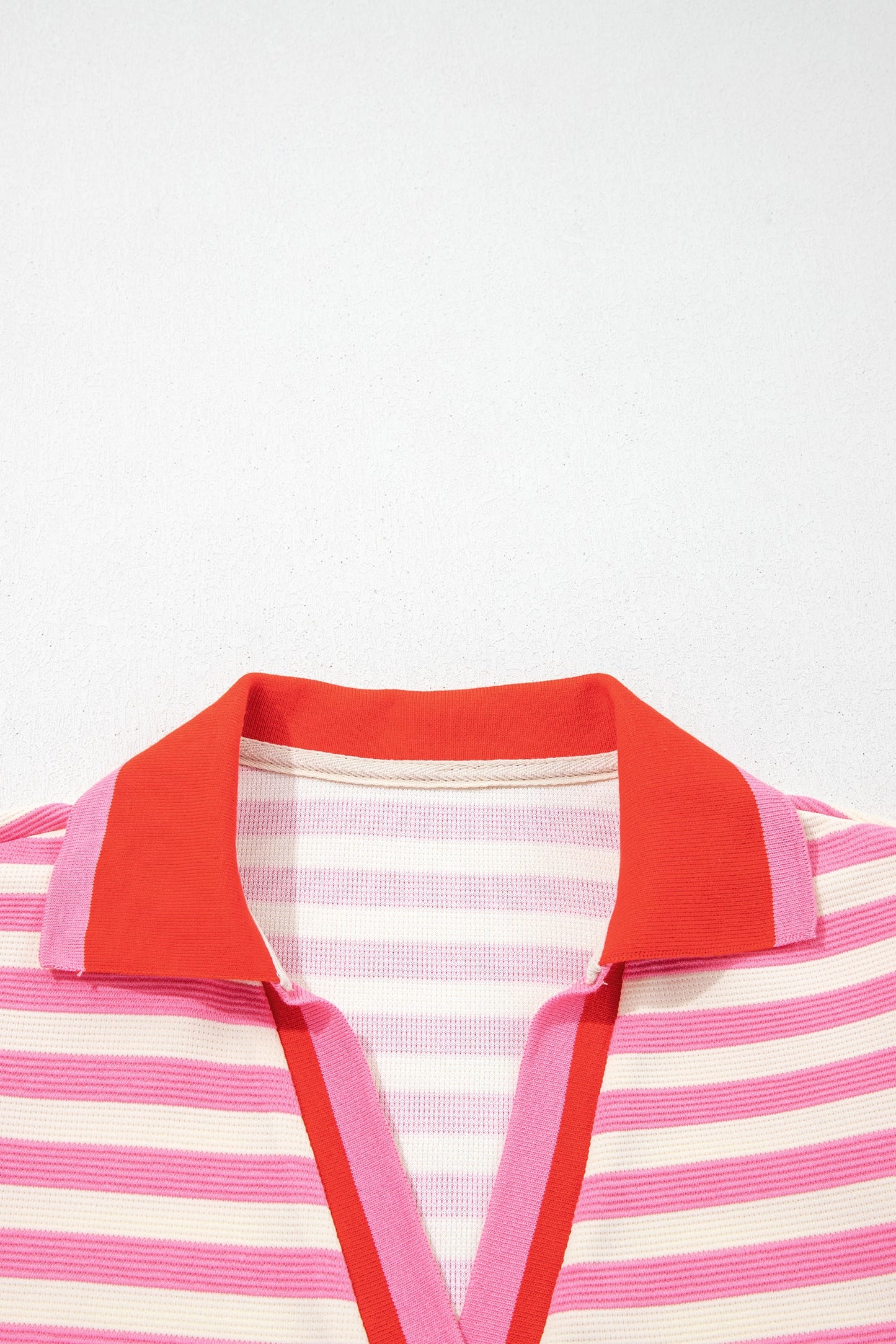 Rose Stripe Contrast Trim Polo Collar Ruffled Short Sleeve Blouse