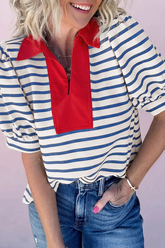 Blue Stripe Short Puff Sleeve Color Block Polo Collar Blouse - Loving It Shop
