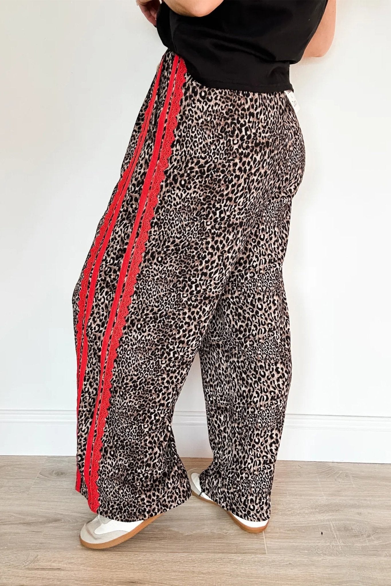 Brown Wild Leopard Print Contrast Lace Striped Detail Drawstring Pants - Loving It Shop