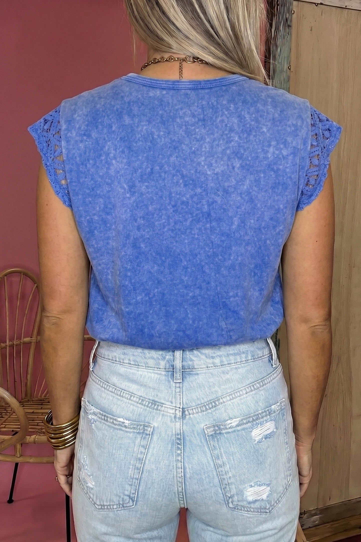 Sky Blue Mineral Wash Raw Seam Lace Sleeve Cotton Tee - Loving It Shop