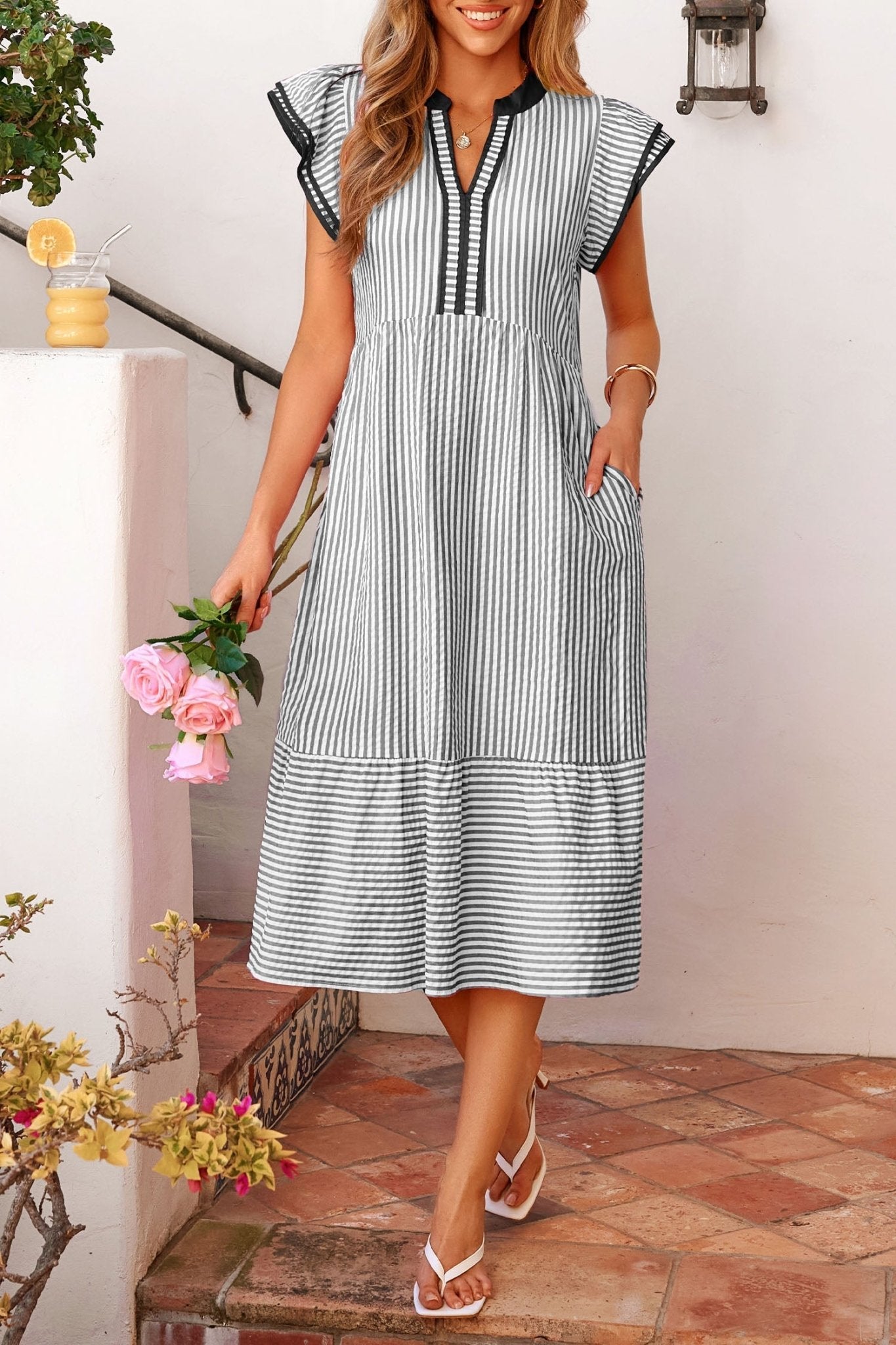 Black Stripe Contrast Trim V Neck Flutter Sleeve Casual Long Dress - Loving It Shop