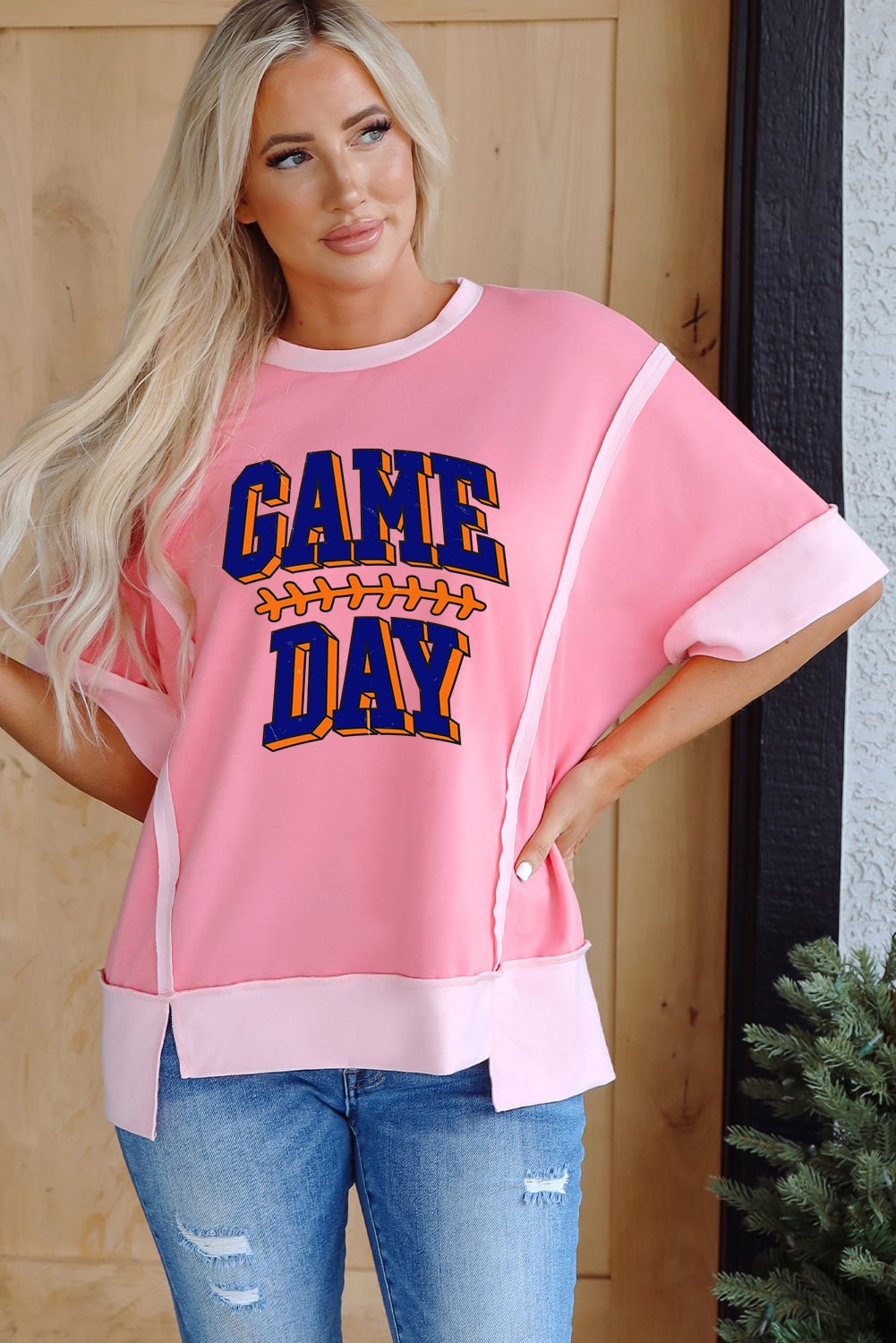 Peach Blossom Raw Seam Patchwork GAME DAY Letter Graphic Loose Tee - Loving It Shop