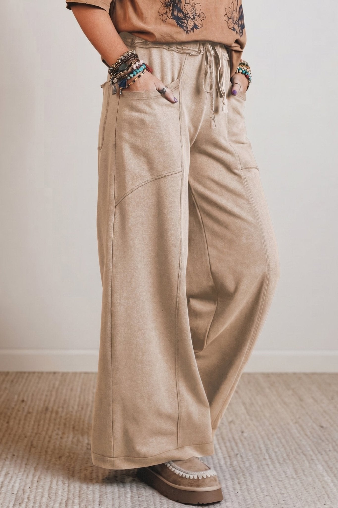 Smoke Gray Mineral Wash Drawstring Retro High Waist Wide Leg Western Pants - Loving It Shop