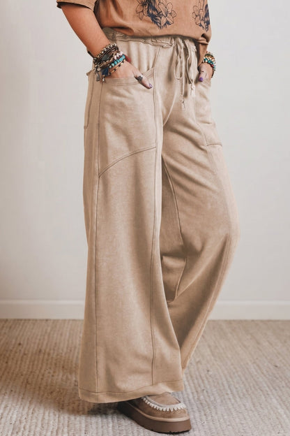 Smoke Gray Mineral Wash Drawstring Retro High Waist Wide Leg Western Pants - Loving It Shop