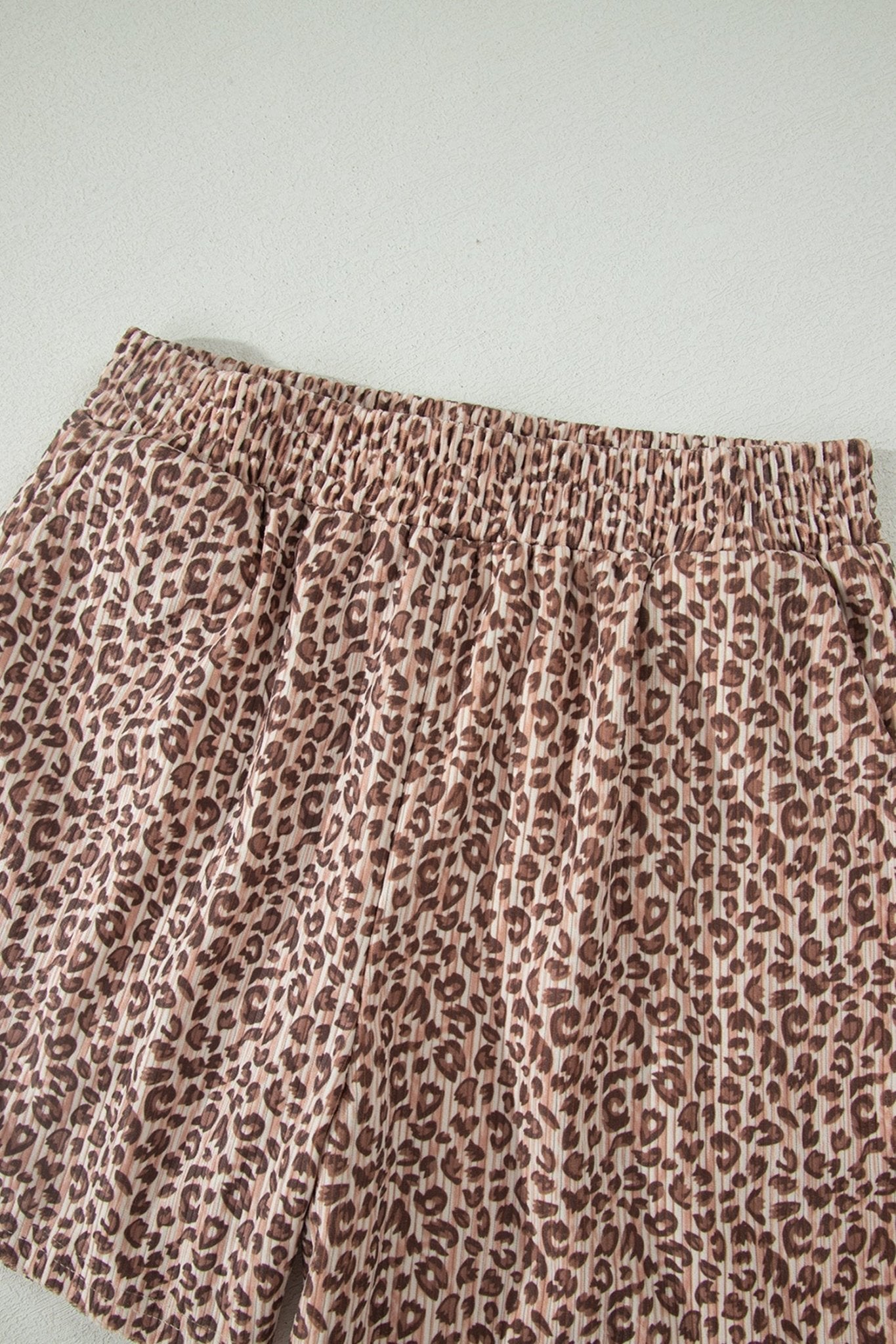 Brown Leopard Print Ribbed Patchwork Half Button Loose Tee Elastic Waist Short 2pcs Set - Loving It Shop