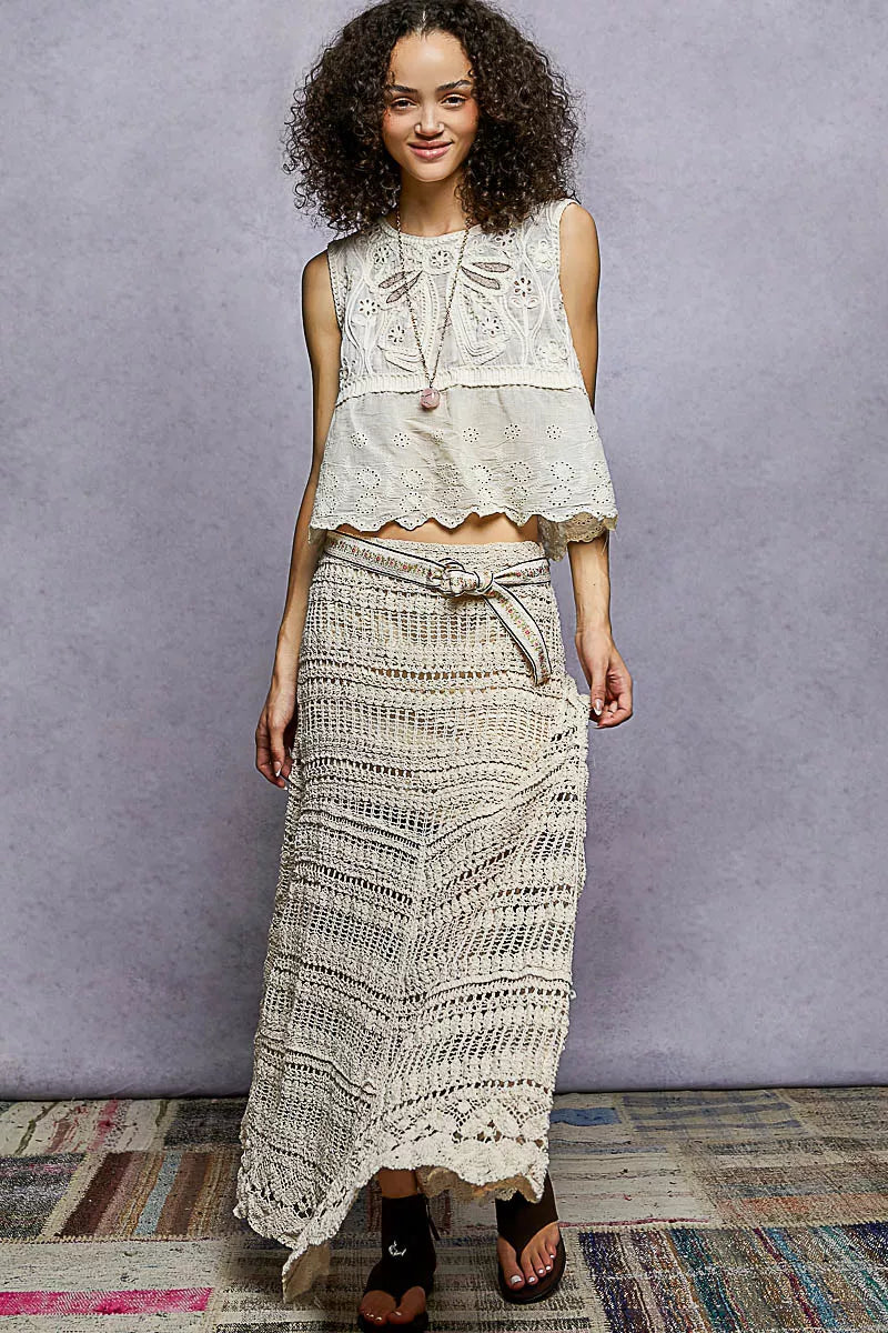 Sleeveless Flowy Fit Crochet Top with Scalloped Border Accents