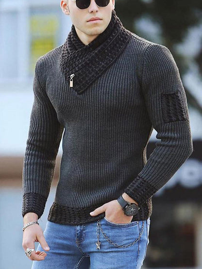 Independent Station Casual Slim Knit Pullover Long-sleeved Scarf Collar Sweater Men&