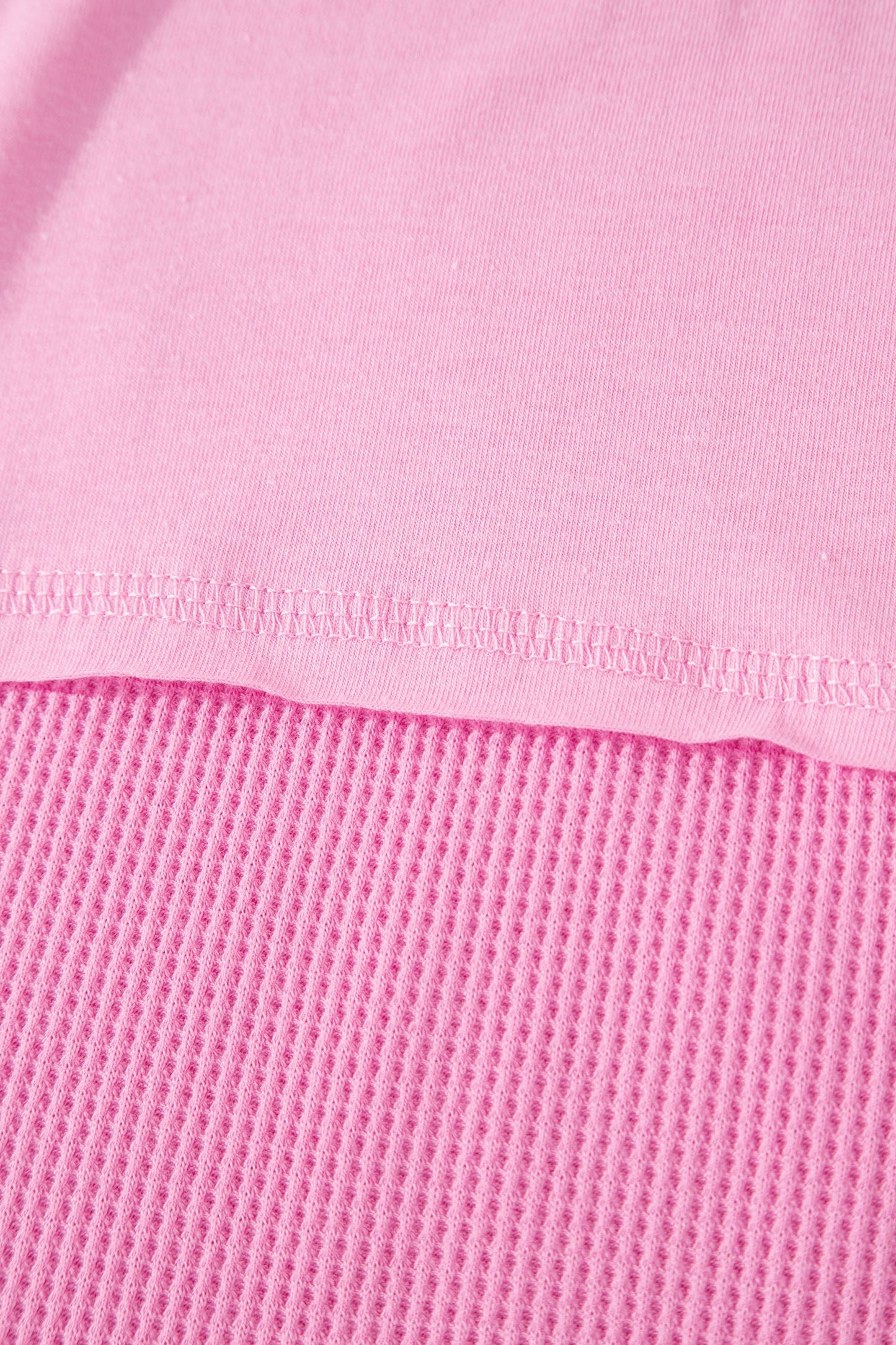 Pink Solid Color Raw Seam Waffled Patchwork Casual T Shirt