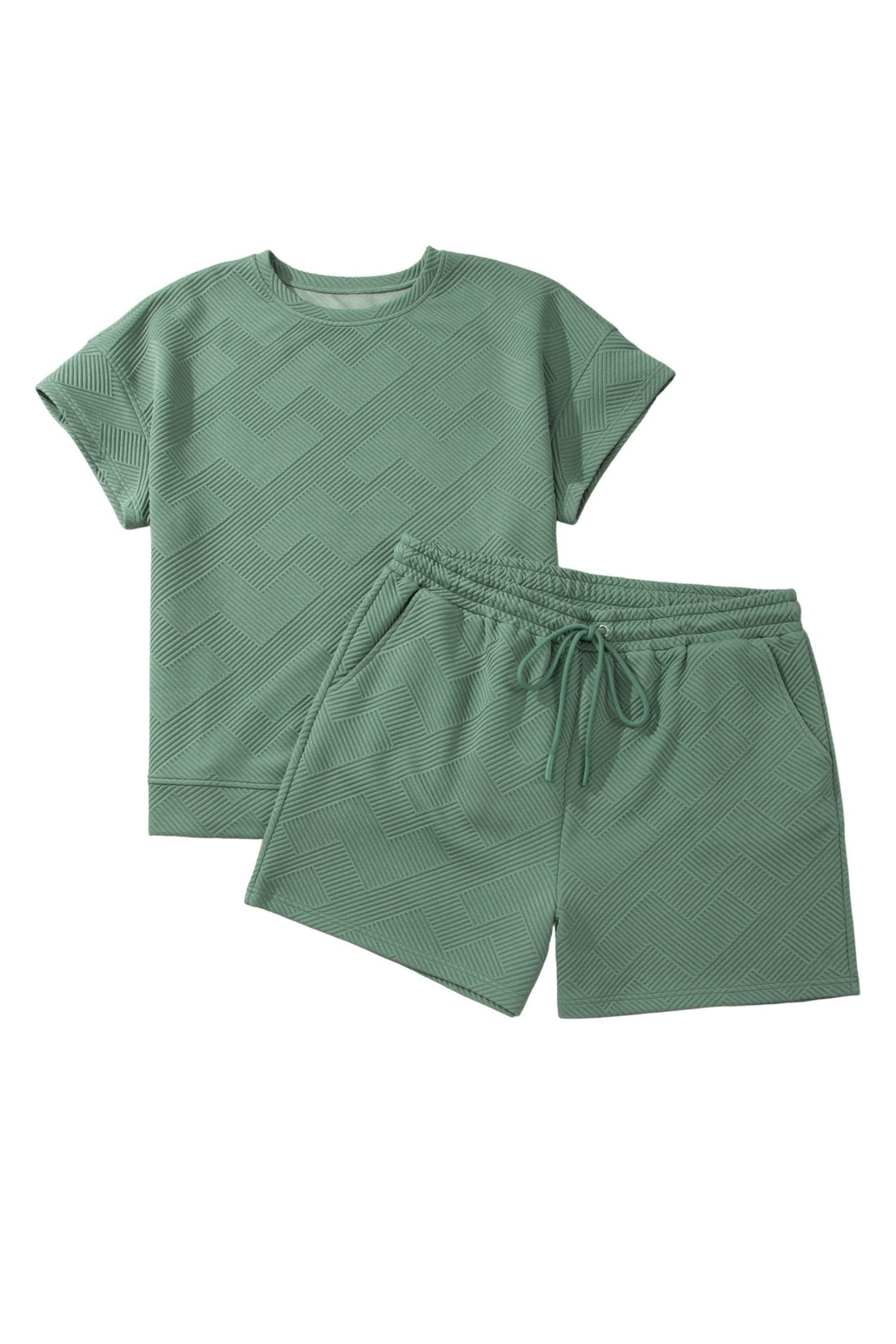 Mineral Blue Plus Size Textured Short Sleeve Top Drawstring Shorts Set - Loving It Shop