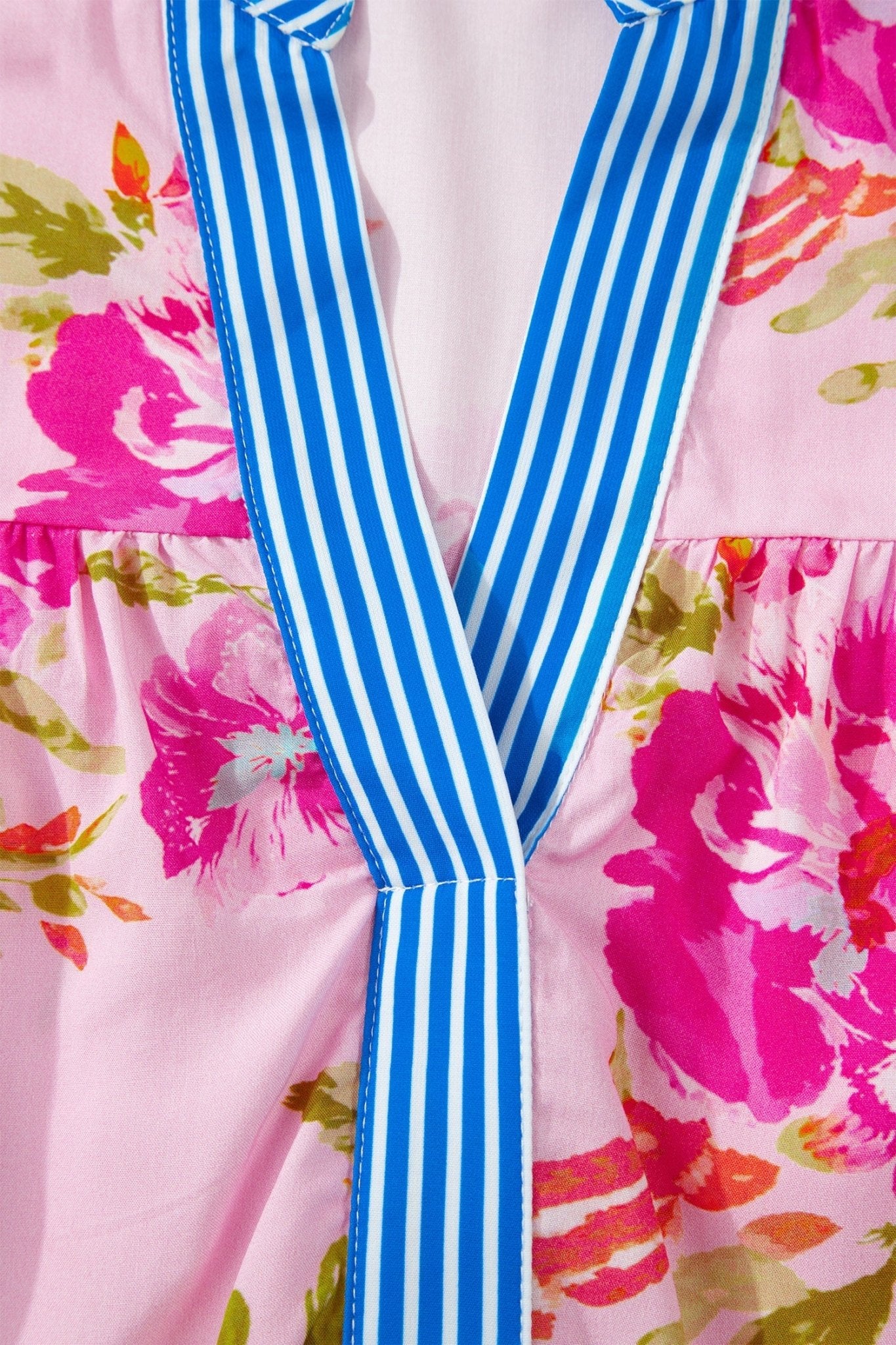 Multicolour Floral Half Sleeve Striped Trim V Neck Blouse - Loving It Shop