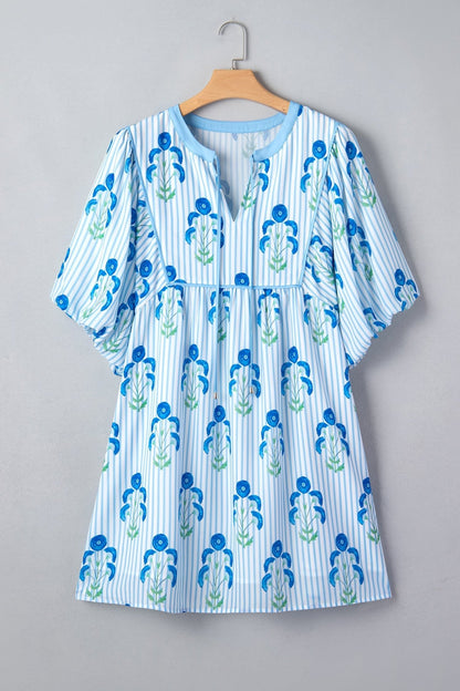 Sky Blue Floral Striped Bubble Short Sleeve Plus Size Dress - Loving It Shop