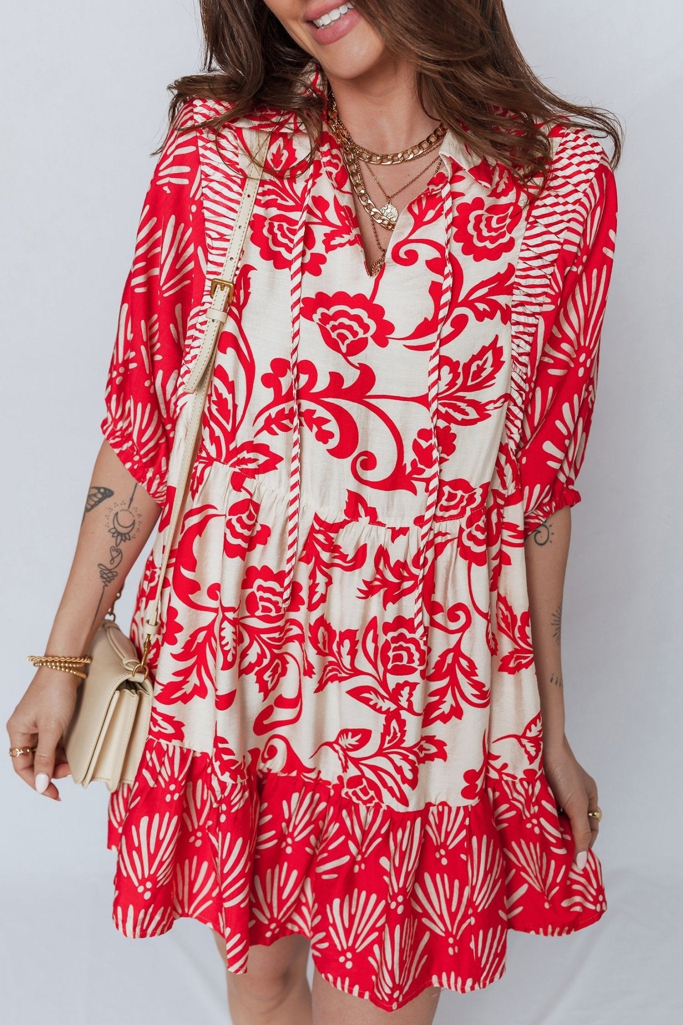 Red Collared V Neck Half Sleeve Loose Flower Mini Dress - Loving It Shop