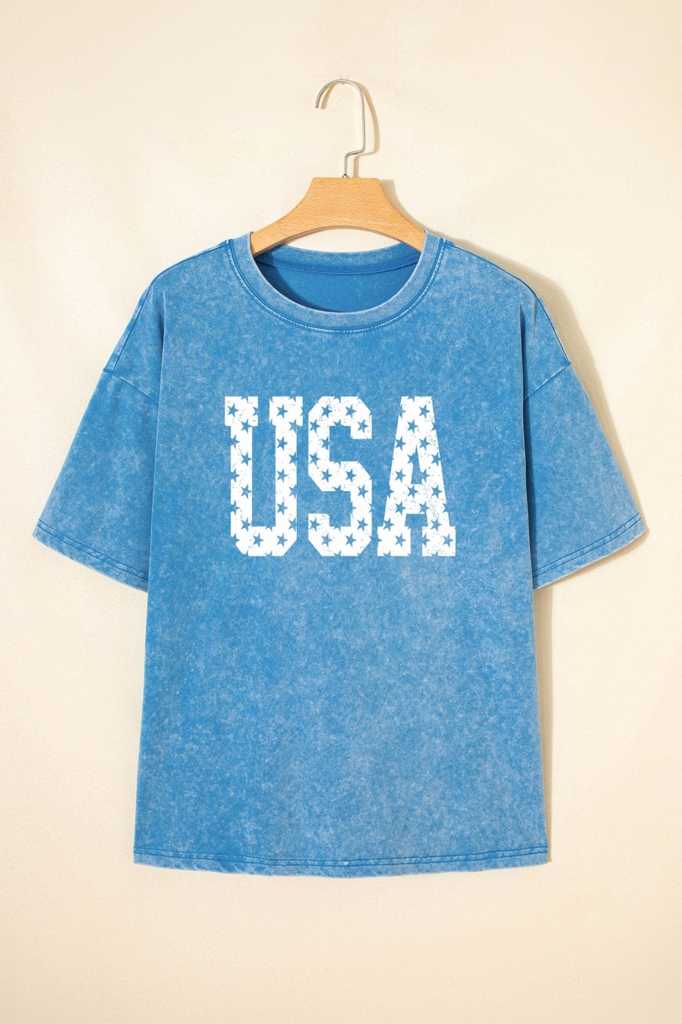 Blue USA Star Print Mineral Washed Cotton Tee - Loving It Shop