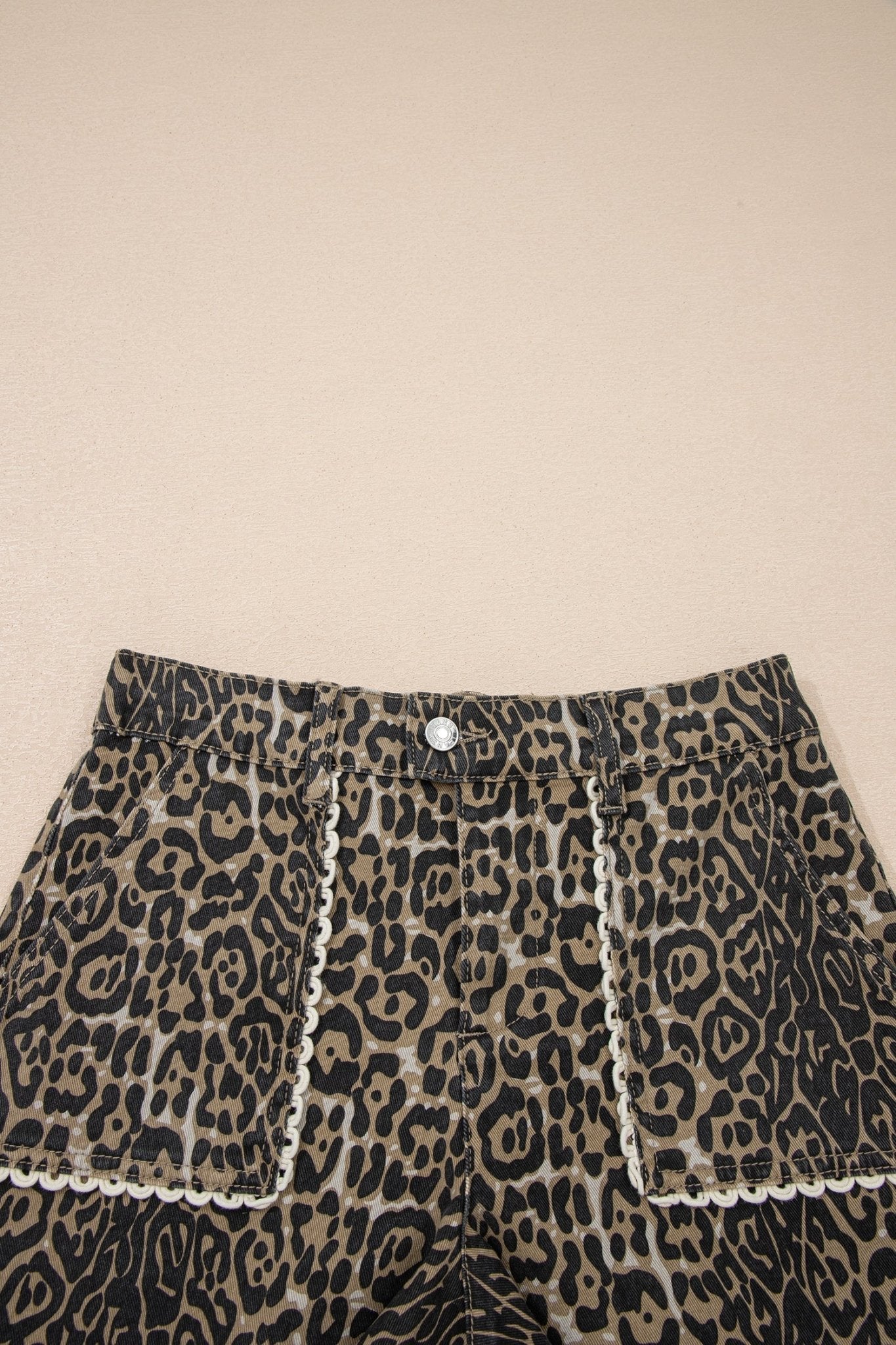 Khaki Contrast Scalloped Lace Trim Leopard Denim Shorts - Loving It Shop