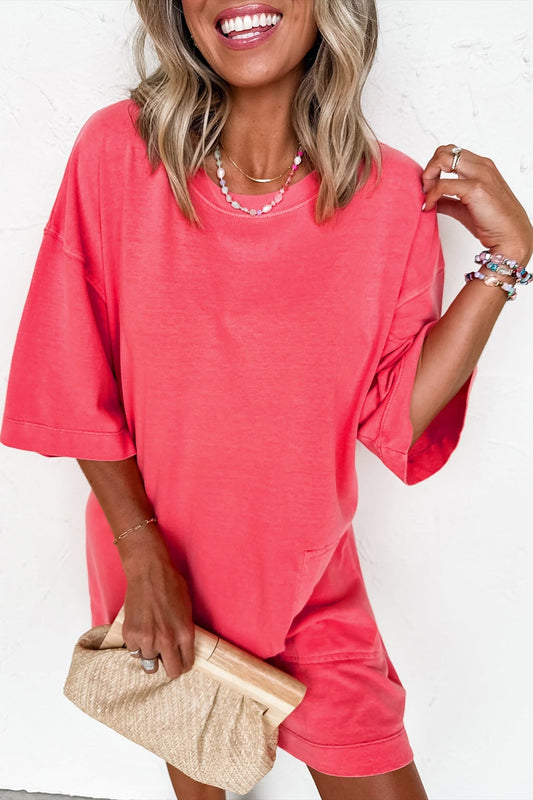Coral Paradise Drop Shoulder Loose Casual T Shirt Mini Dress - Loving It Shop