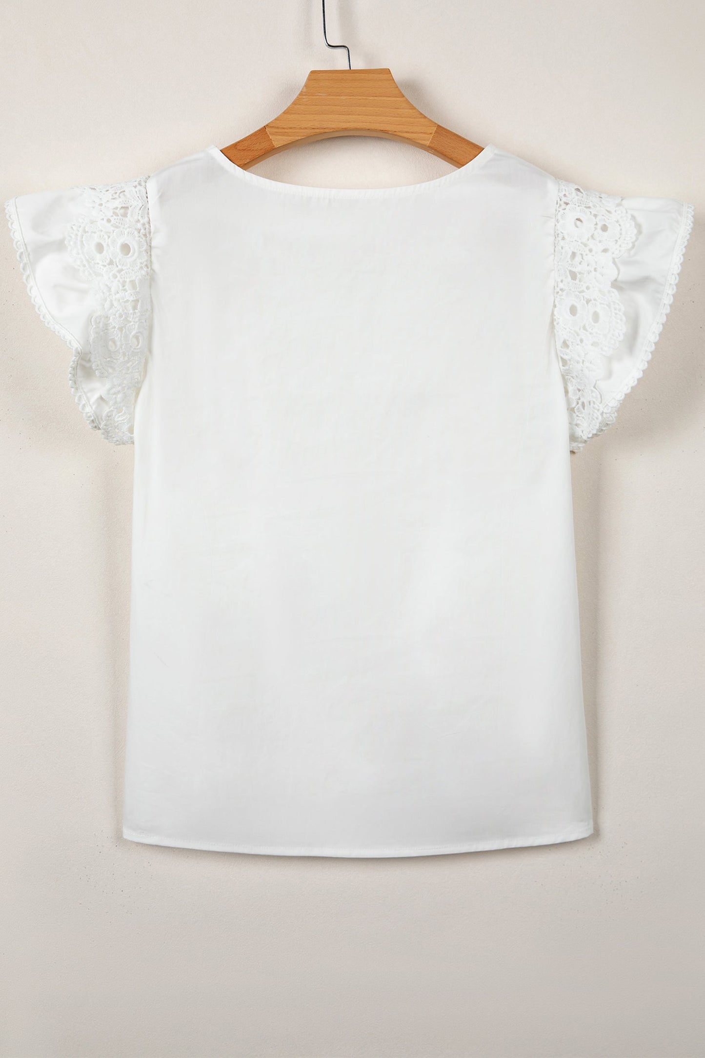 White Lace Detail Flutter Sleeve Pleated Round Neck Blouse