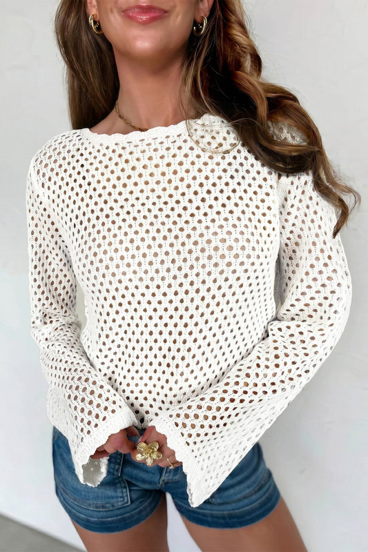 White Scalloped Trim Hollow Out Knit Long Sleeve Top - Loving It Shop