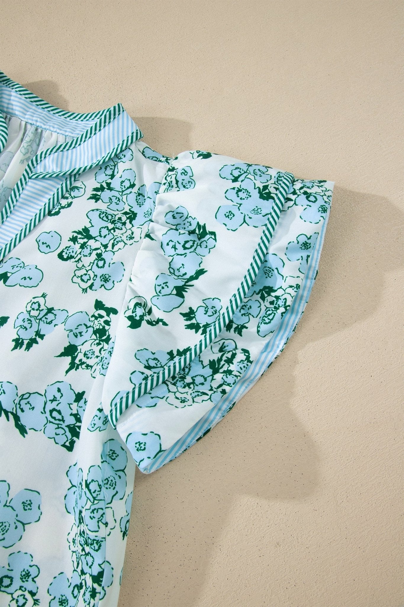 Green Floral Meets Stripes V Neck Flutter Sleeve Blouse - Loving It Shop