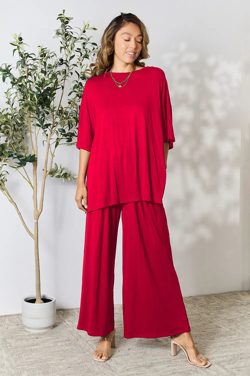 I am a Fashion Junky Full Size Round Neck Slit Top and Pants Set