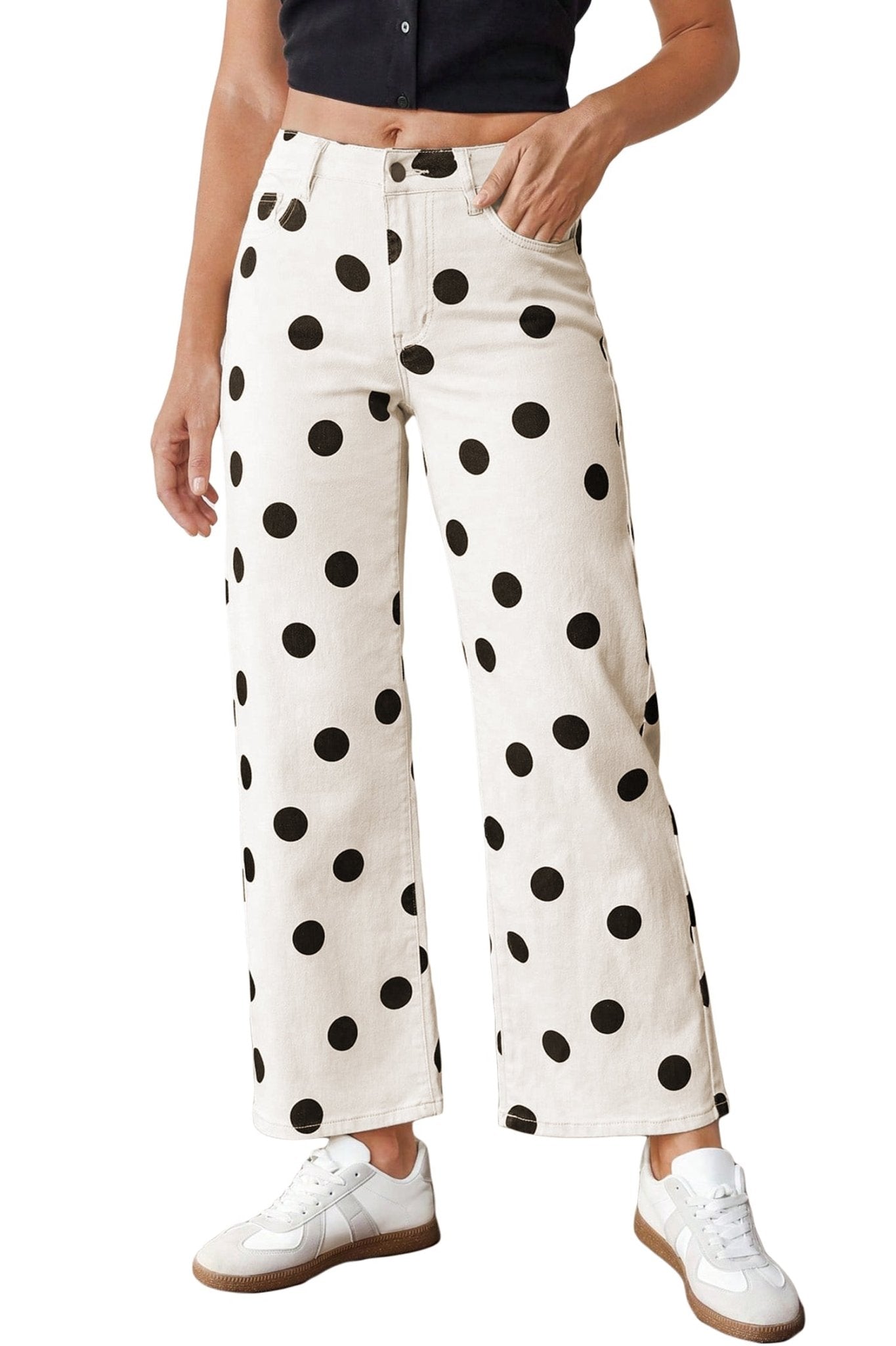 White Polka Dot Print Wide Leg Ankle - Length Jeans - Loving It Shop