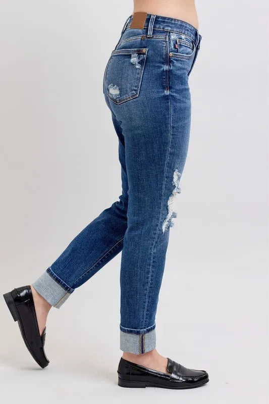 Full Size Mid Rise Boyfriend destroy Jeans with Yoke Pockets and Faux Selvedge Cuff Plus Size