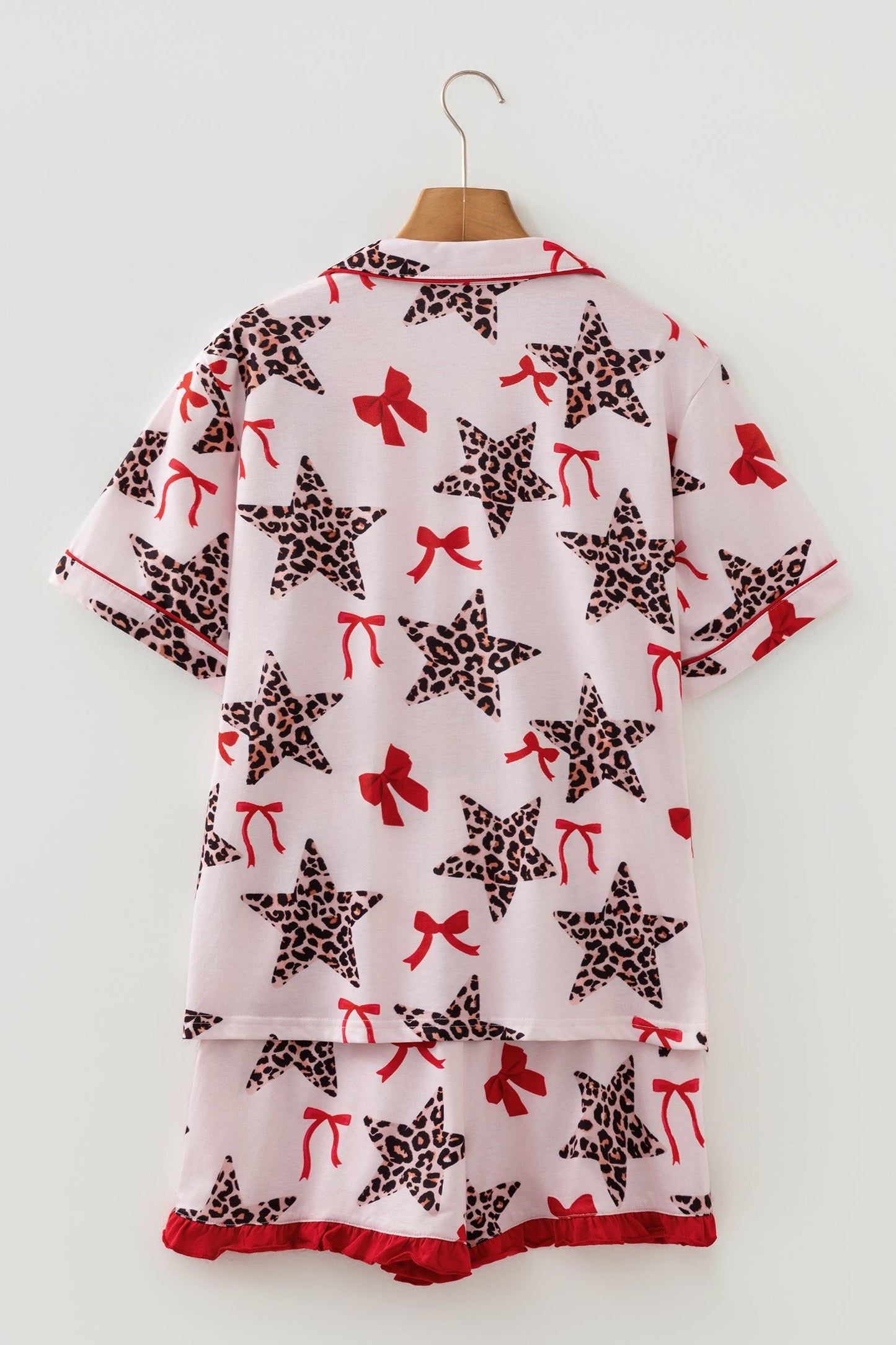 White Leopard Star Ribbon Bow Print Contrast Trim Short Pajama Set