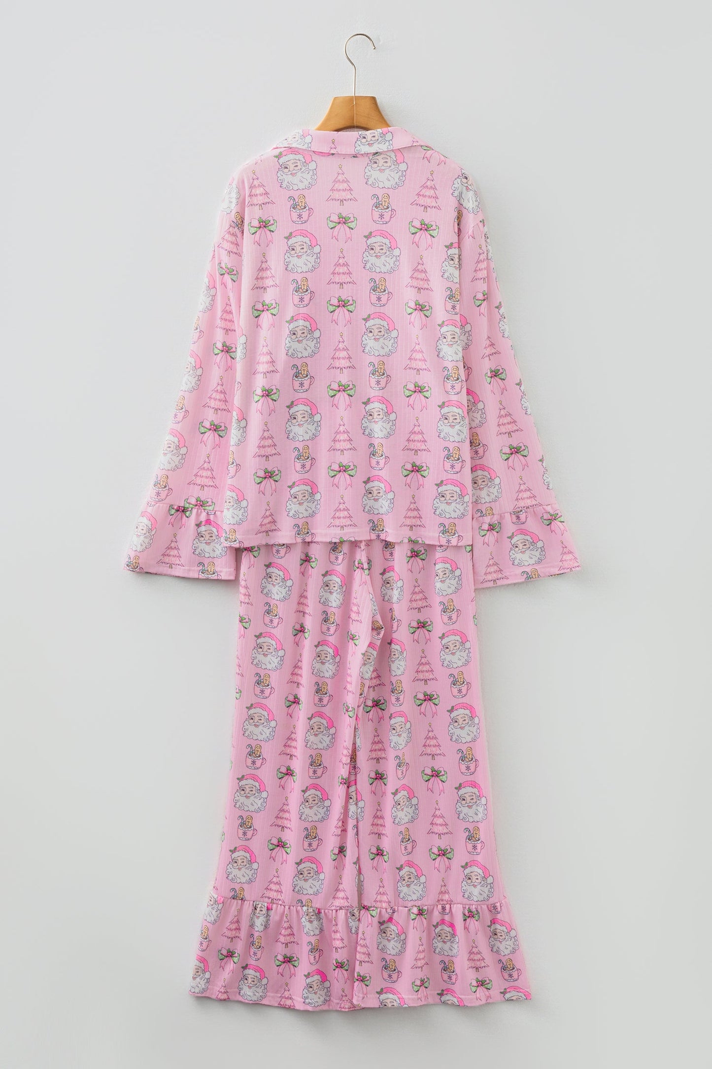 Pink Christmas Print Ruffled Ribbed Shirt & Pants 2 Piece PJ Set
