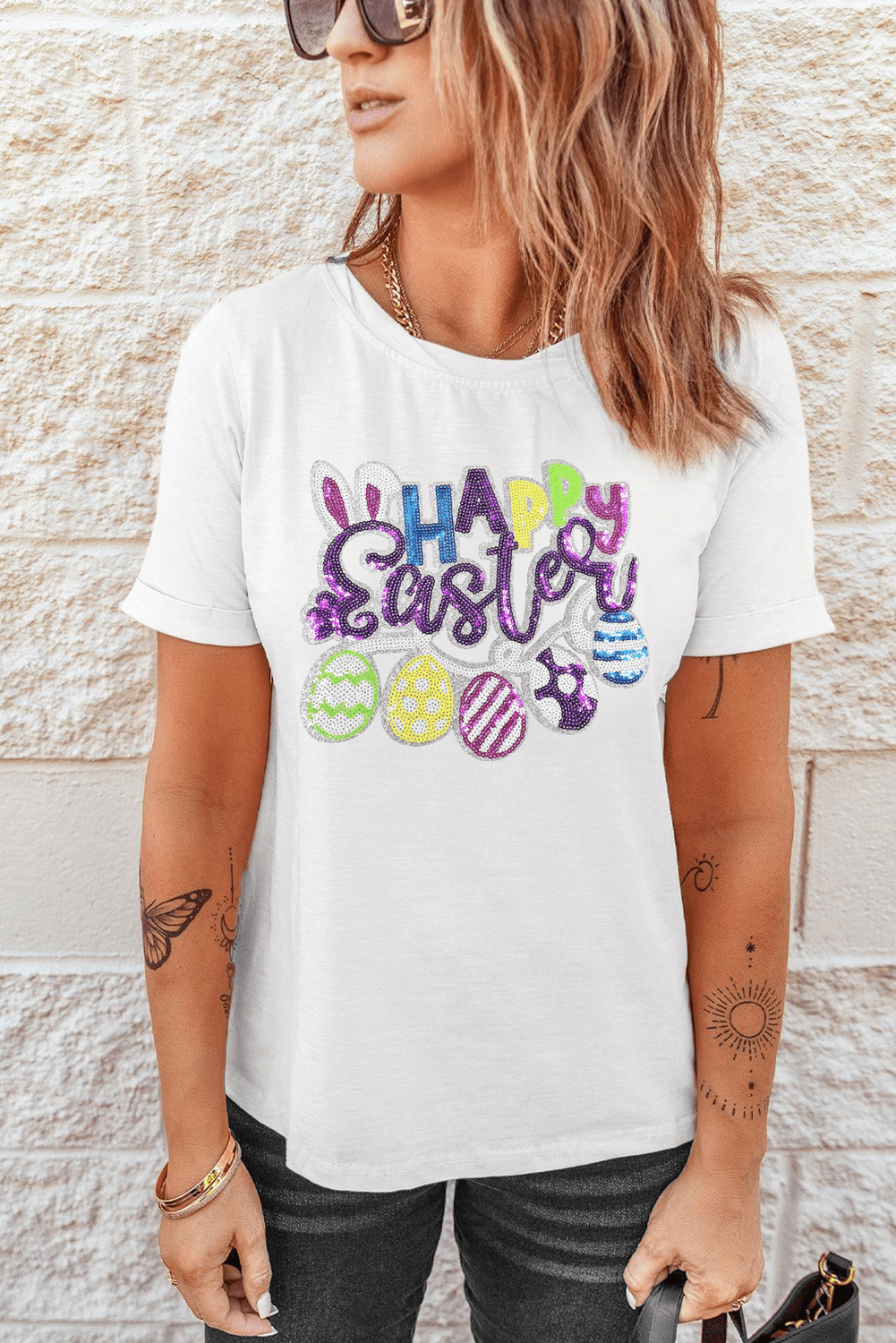 White Happy Easter Sequin Patched Casual Tee - Loving It Shop