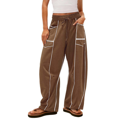 Y2K Black Striped Wide-leg Pants With Pockets Fashion Loose Drawstring Trousers Sports Sweatpants Women&
