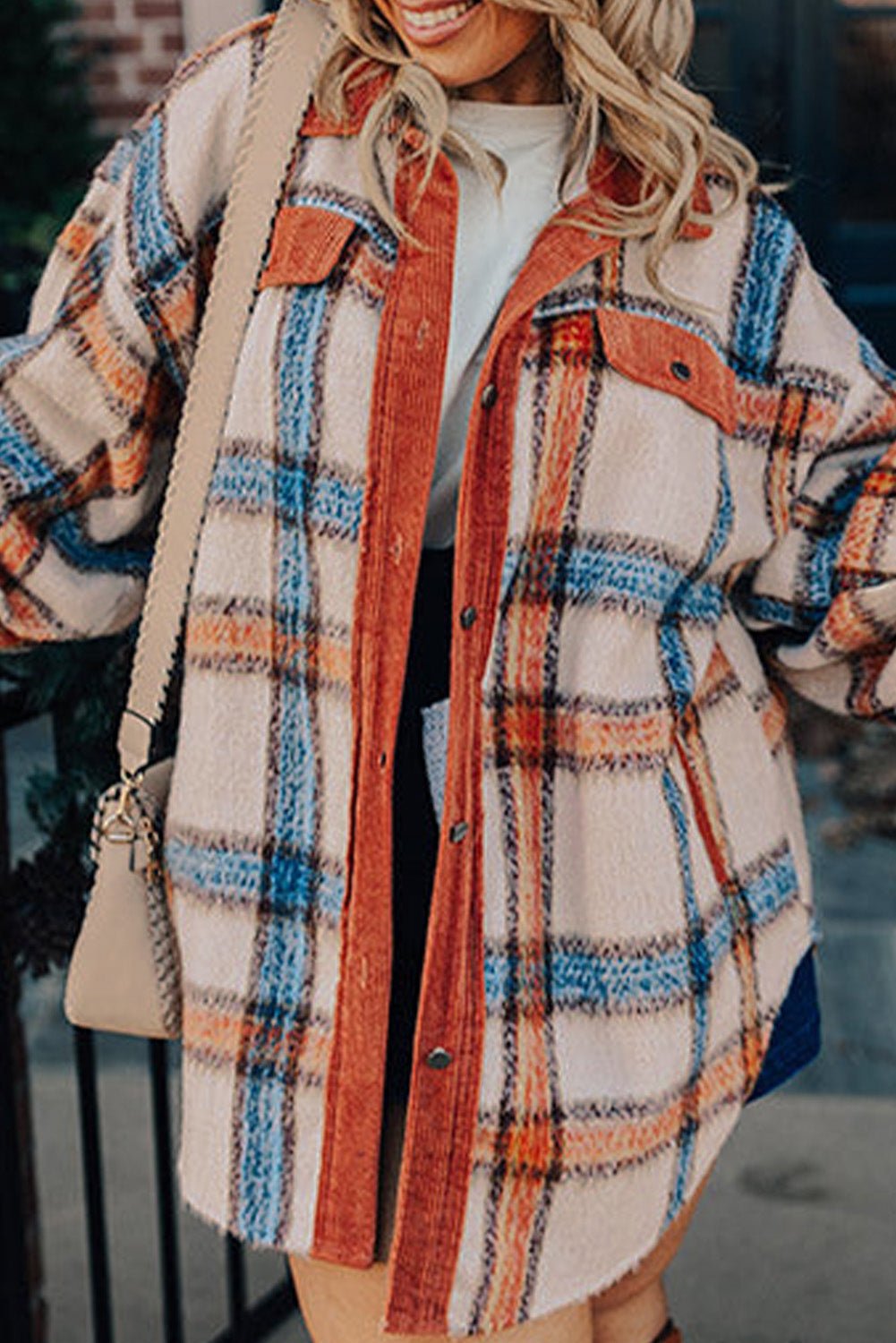 Brown Stripe Plus Size Plaid Print Collared Buttoned Jacket - Loving It Shop