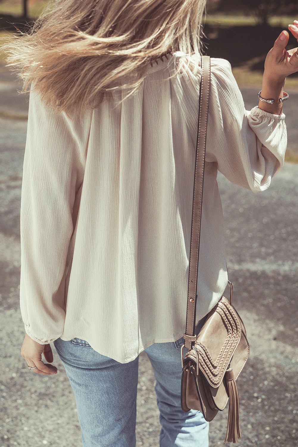 Beige Floral Embroidered Textured Puff Sleeve Loose Shirt - Loving It Shop