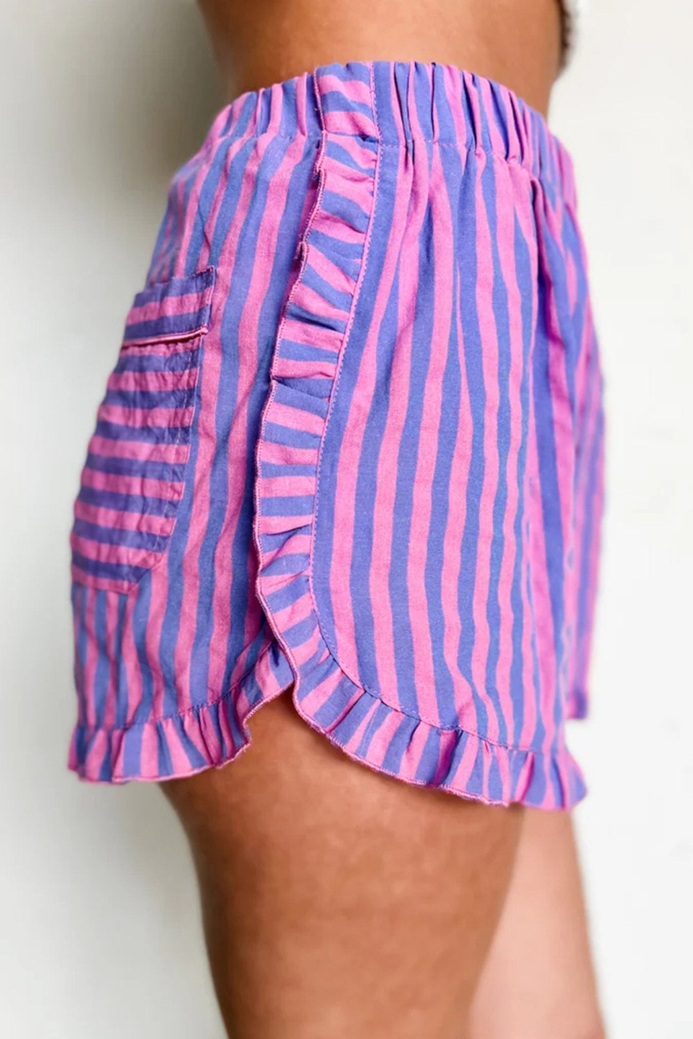 Rose Stripe Elastic Waist Ruffle Trim Casual Shorts - Loving It Shop