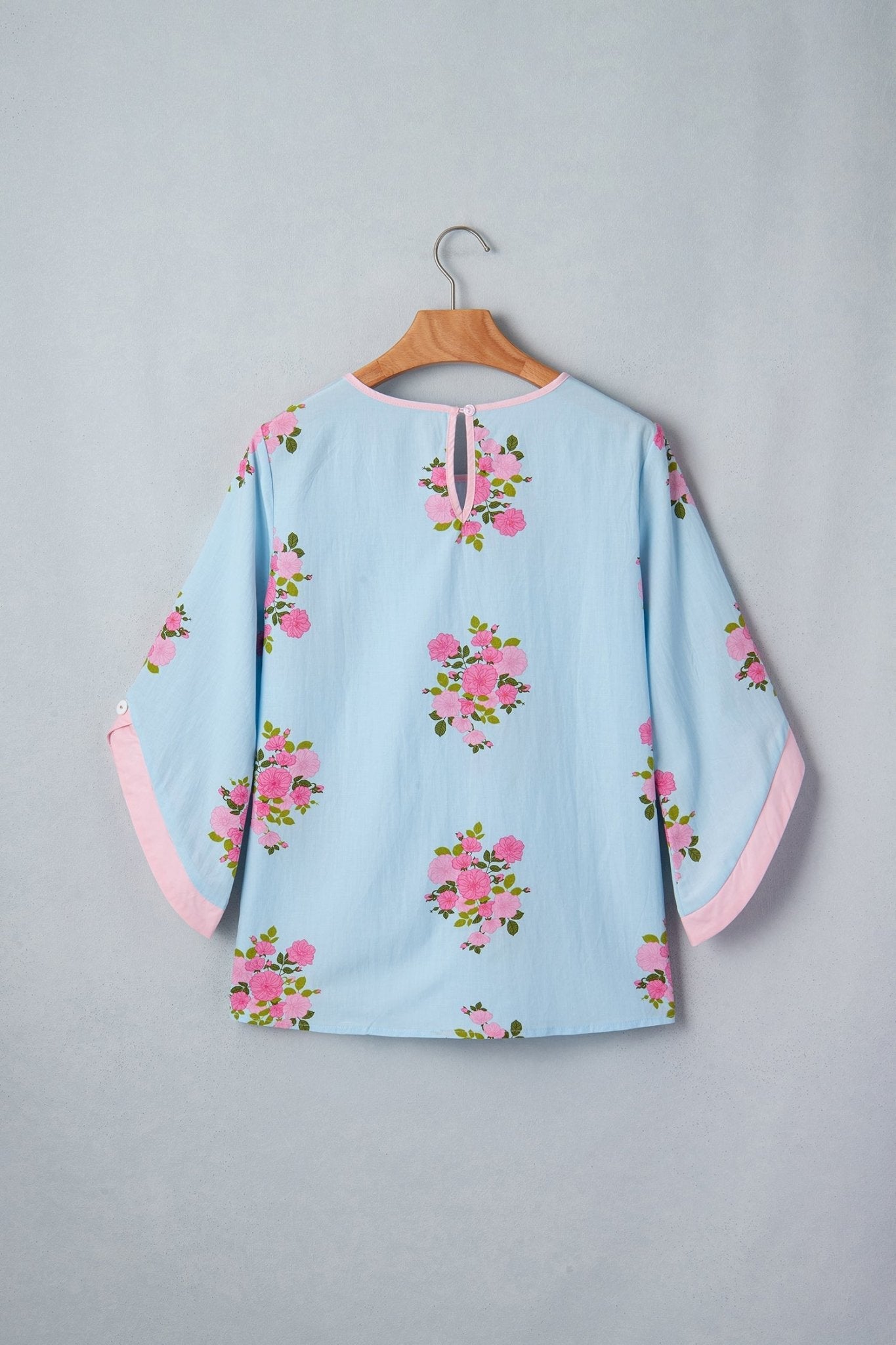 Sky Blue Floral Print Button Cuffed 3/4 Sleeve Round Neck Blouse - Loving It Shop