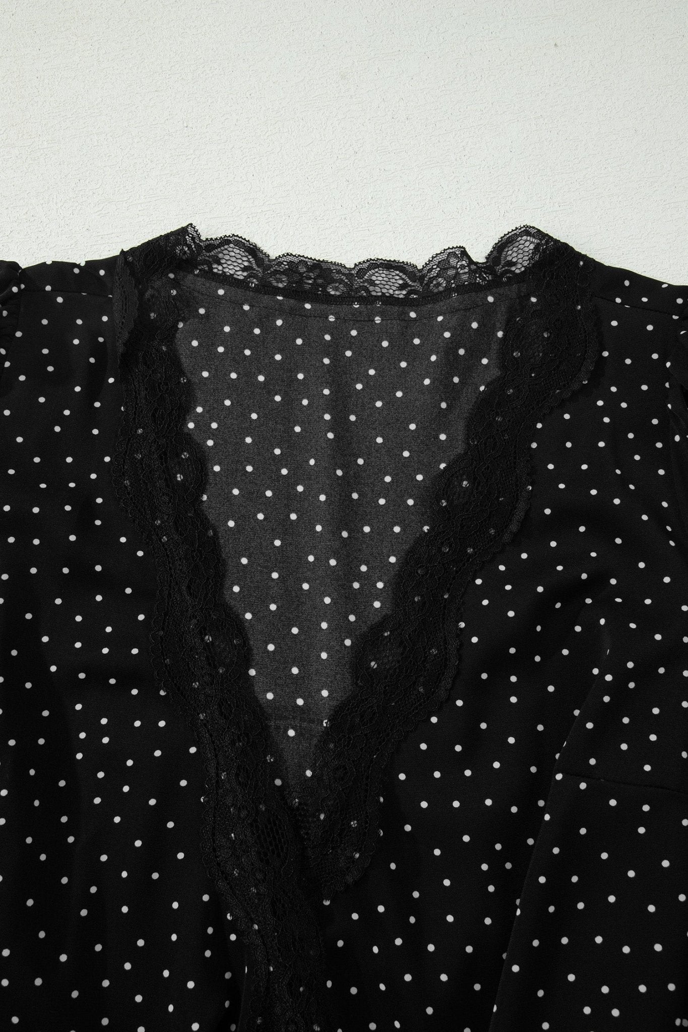 Black Polka Dot Print Lace Trim Wrap Mini Dress - Loving It Shop
