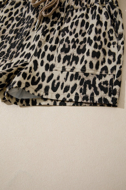 Brown Retro Leopard Print Lace - up Elastic Waistband Mid Rise Denim Shorts - Loving It Shop