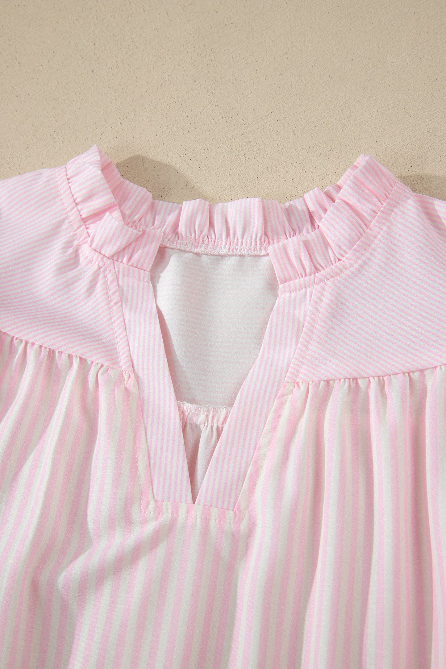 Pink Stripe Contrast Trim V Neck Flutter Sleeve Blouse
