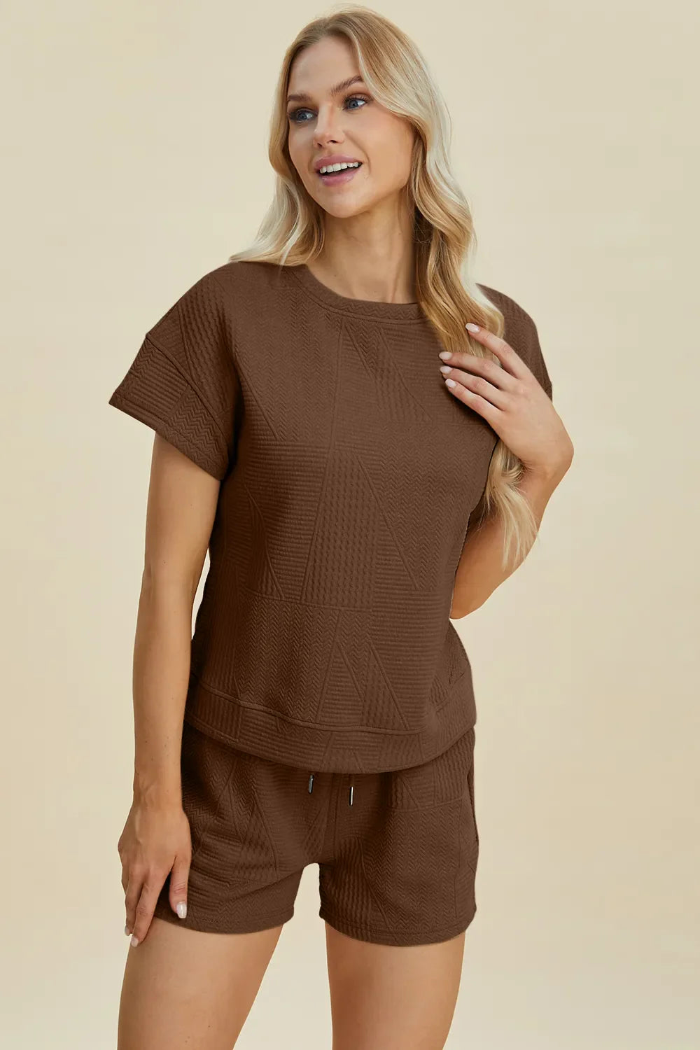 I am a Fashion Junky Full Size Texture Short Sleeve Top and Shorts Set