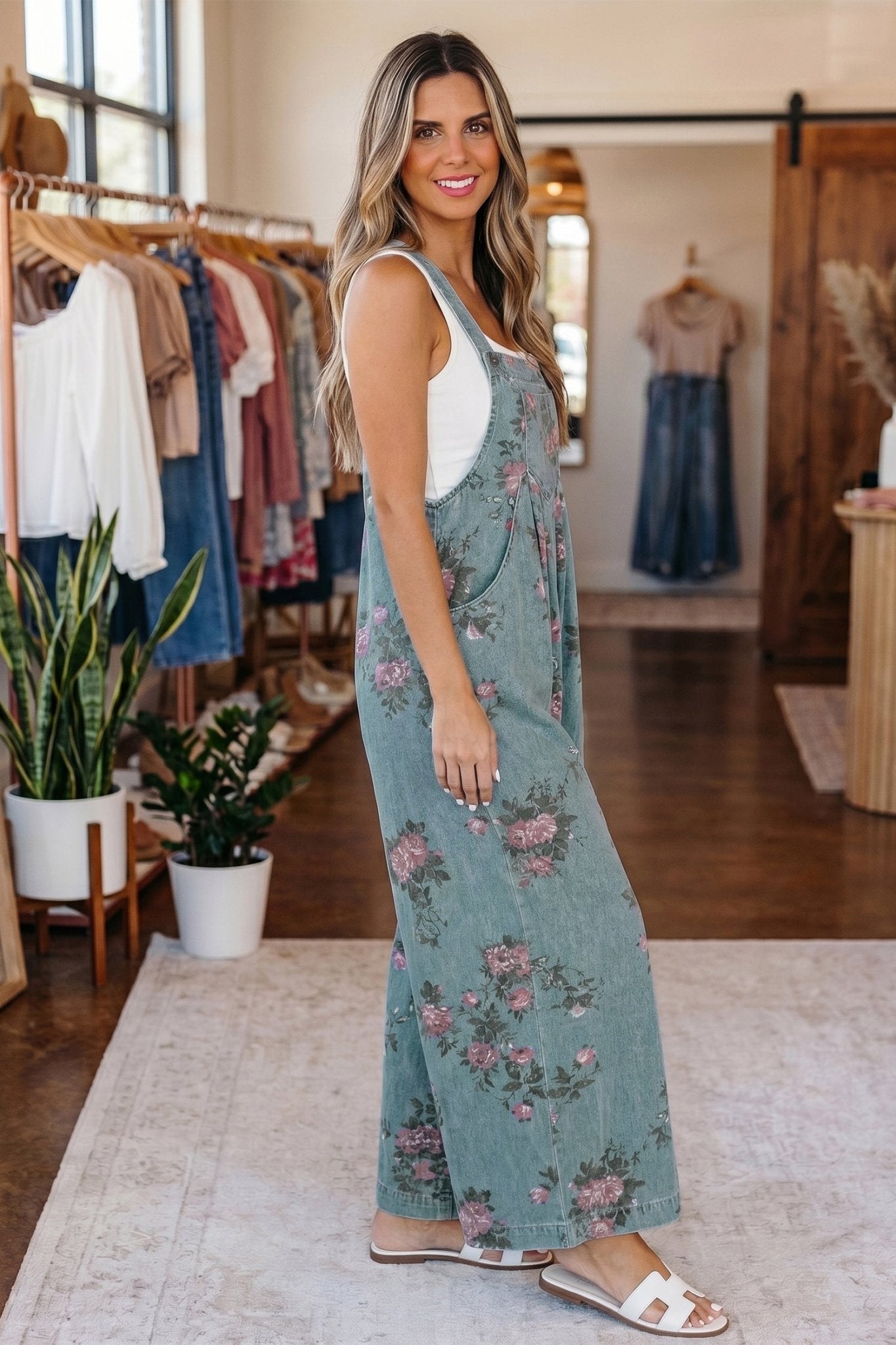 Beau Blue Floral Print Pleated High Waist Wide Leg Denim Jumpsuit - Loving It Shop