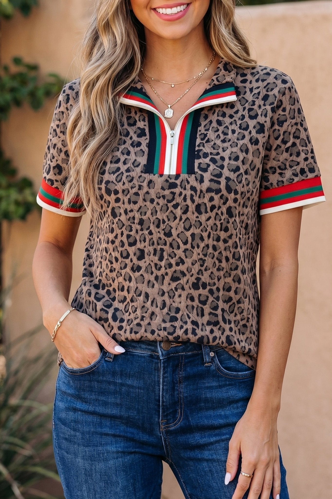 Brown Leopard Jacquard Striped Patchwork Half Zip Short Sleeve Blouse - Loving It Shop