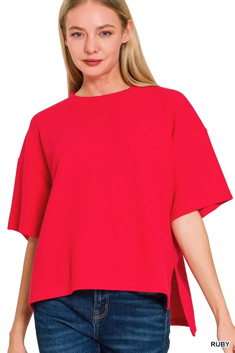 Full Size Double Knit Side Slits Hi Low Short Sleeve Top Plus Size