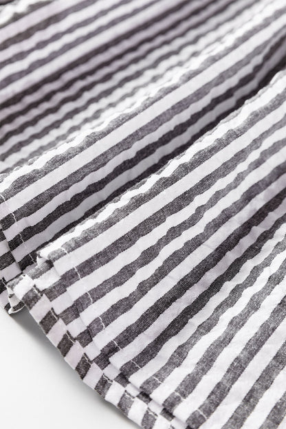 Dark Grey Striped Print Contrast Patchwork Detail Split Neck Blouse