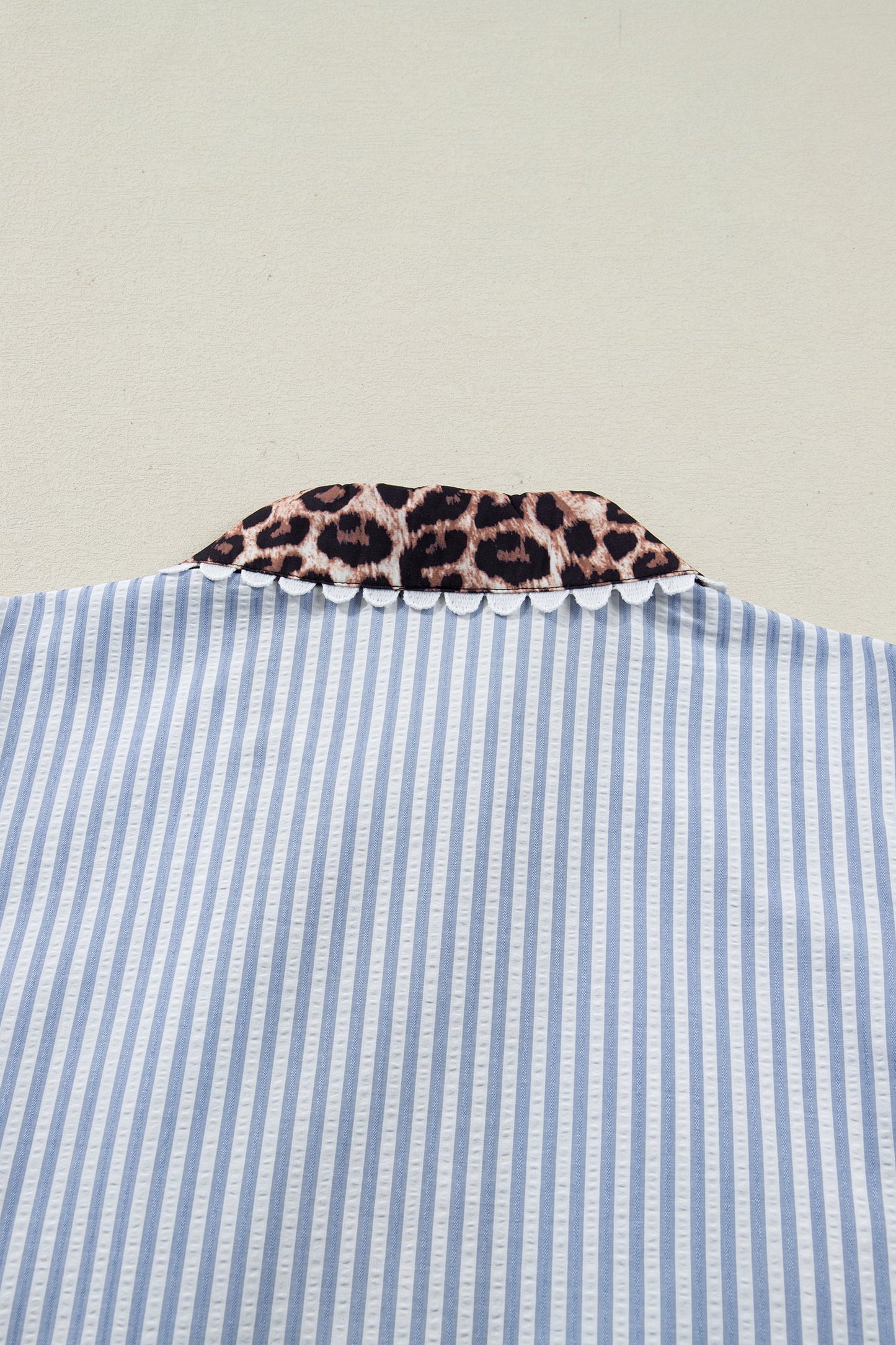 Sky Blue Stripe Plus Size Leopard Patchwork Collar Short Bubble Sleeve Blouse