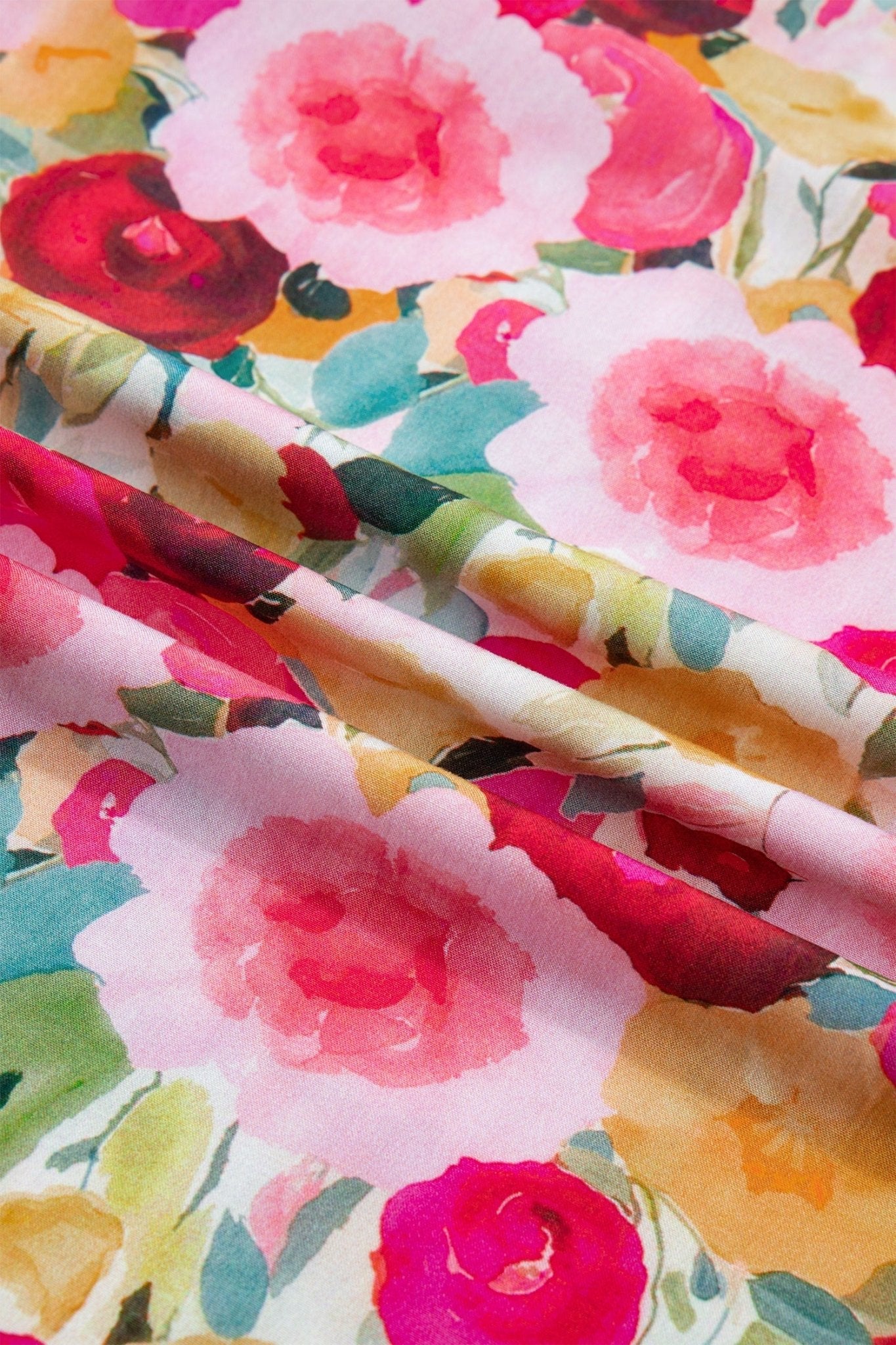 Pink Plus Size Flower Print Split V Neck Puff Short Sleeve Top - Loving It Shop