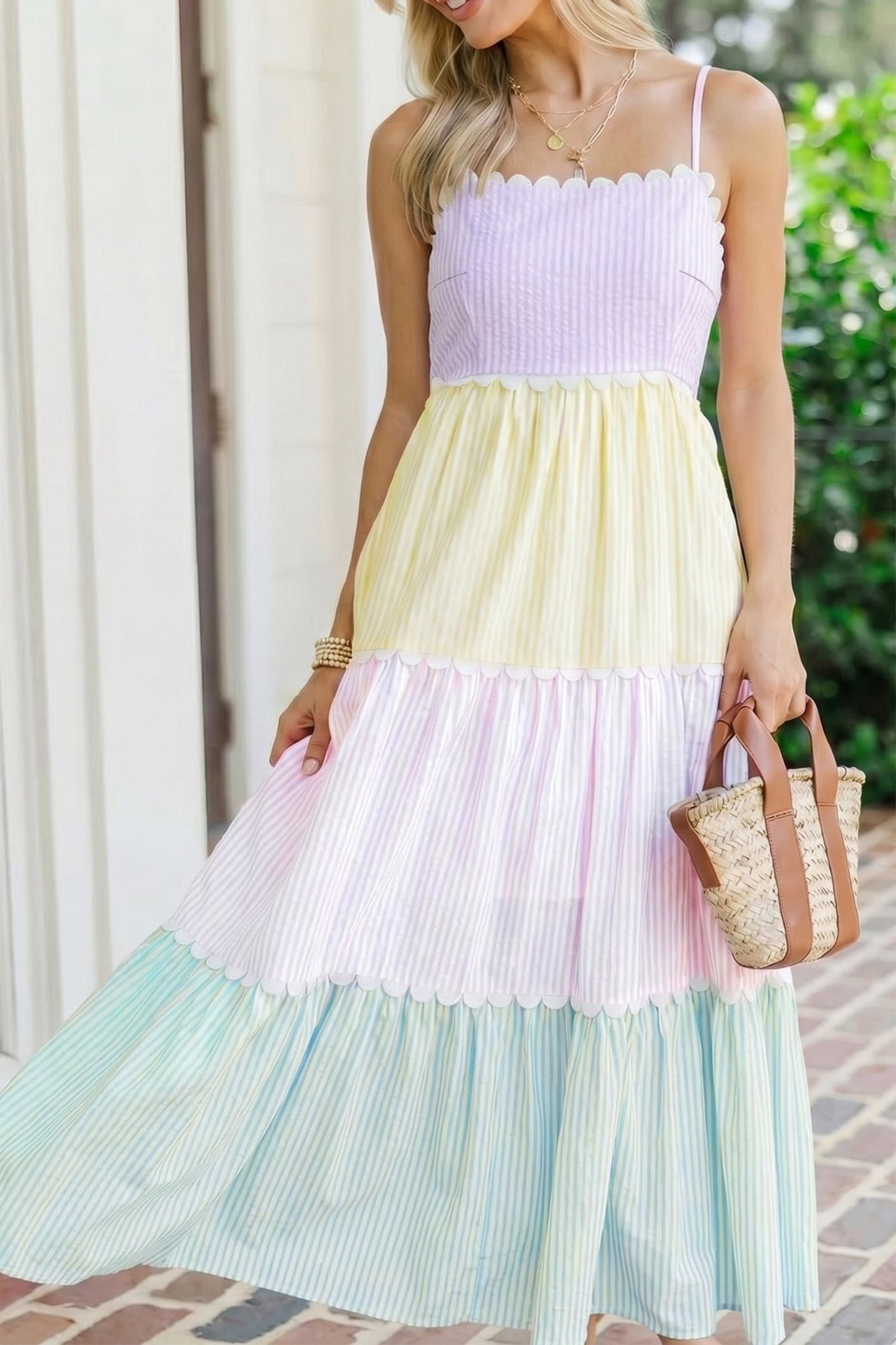 Multicolour Striped Colorblock Adjustable Strap Scalloped Detail Long Dress - Loving It Shop