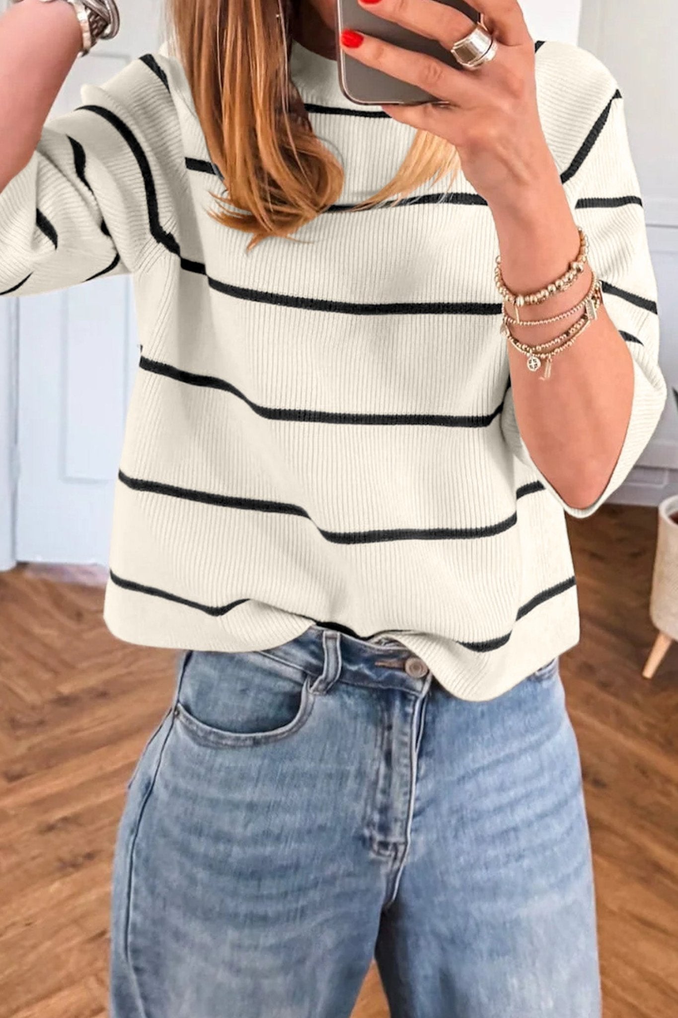 White Stripe Ribbed Knit Half Sleeve Loose Sweater Tee - Loving It Shop