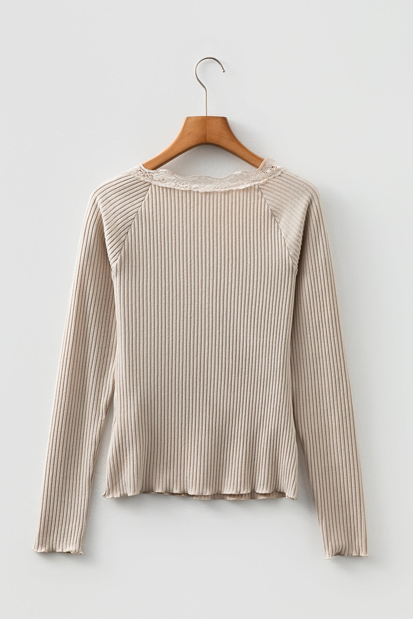 Beige Lace Neckline Button Decor Lettuce Edge Long Sleeve Ribbed Top