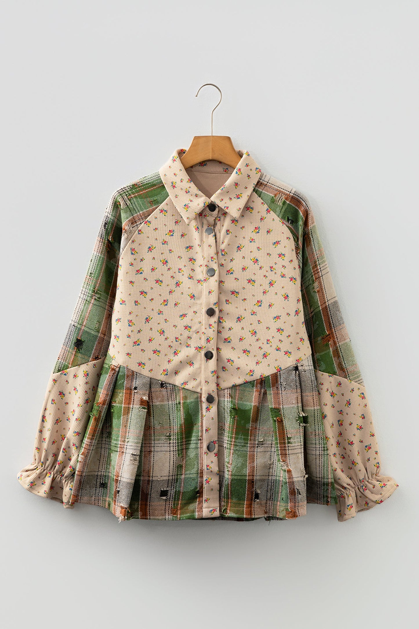 Mist Green Boho Floral Plaid Patchwork Distressed Detail Ruffled Sleeve Waffle Knit Shacket