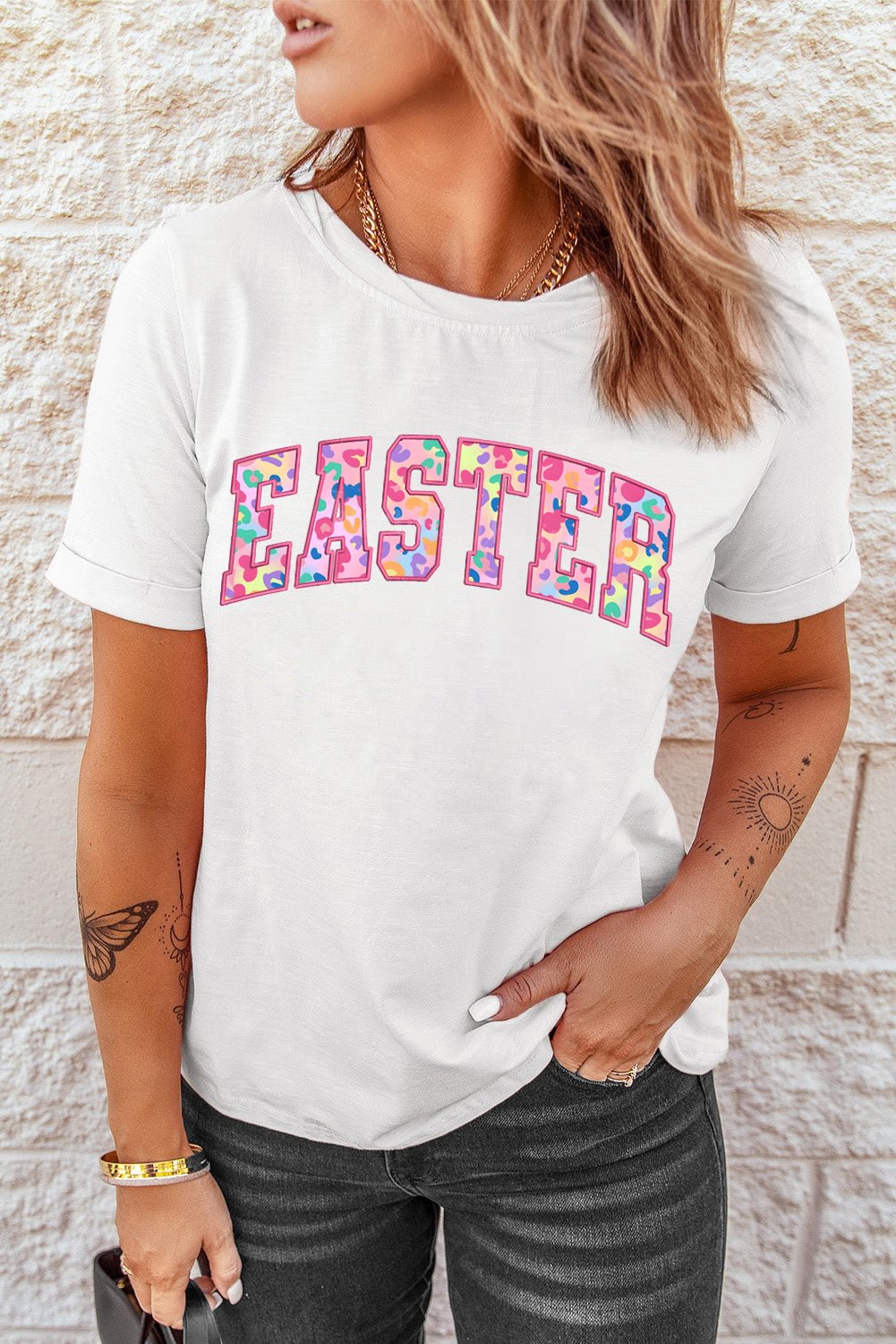 White Cheerful Leopard EASTER Letter Graphic Tee - Loving It Shop