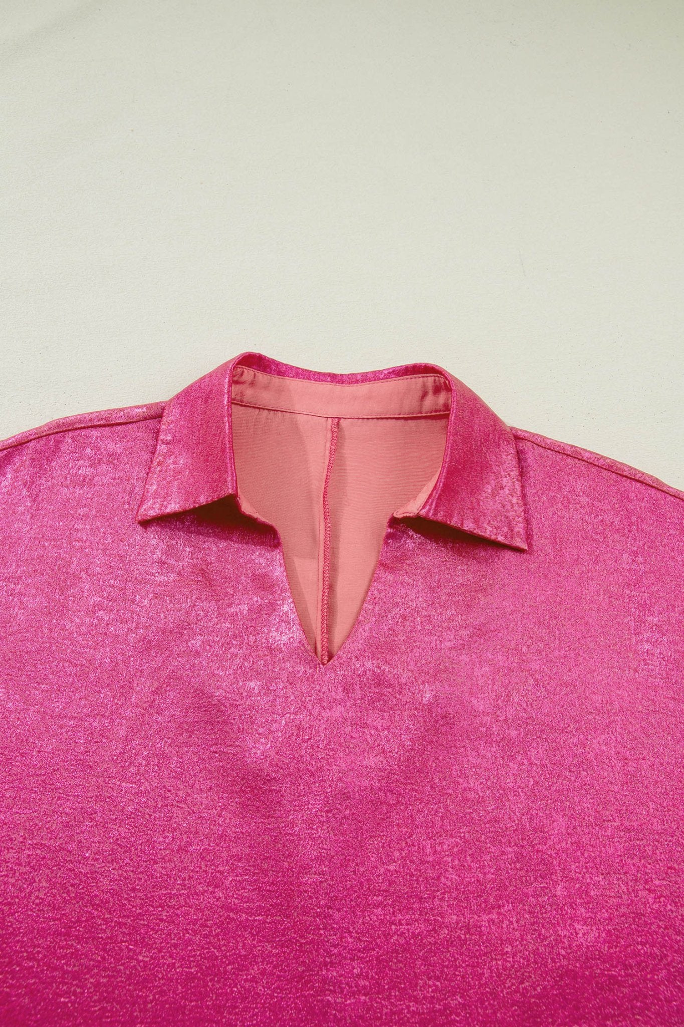 Strawberry Pink Collared V Neck Half Sleeve Metallic Top - Loving It Shop